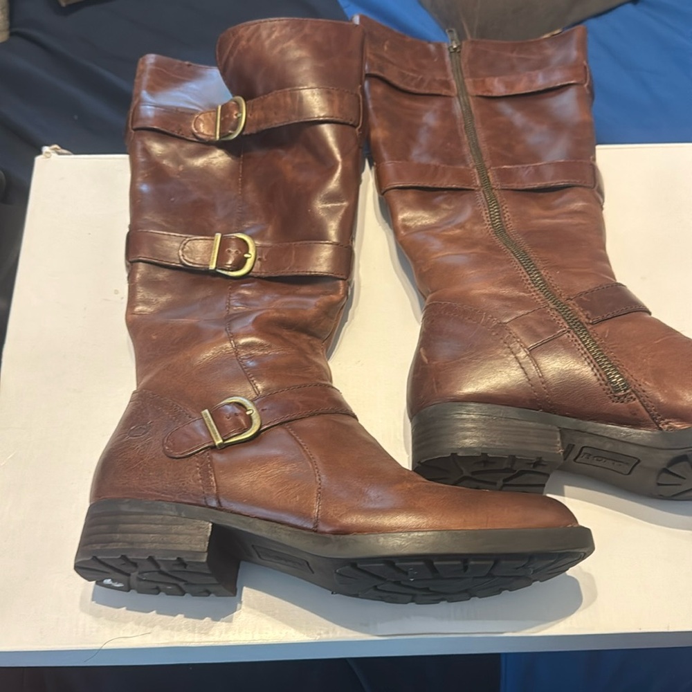 Born Brown Leather Tall Riding Straps Heel Factory Distressed Zip Boots 9.5